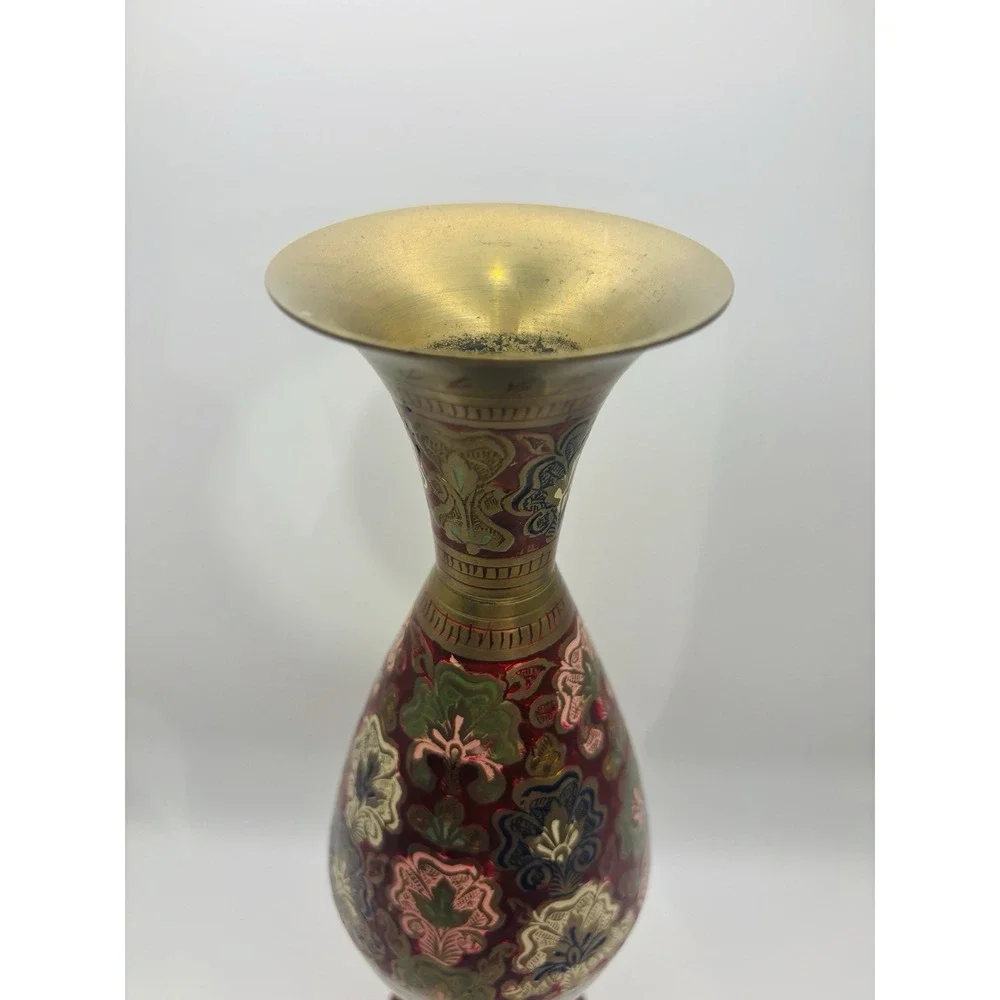 Vintage Indian Brass Vase Ornate Enameled Etched Floral Boho Red Green Gold